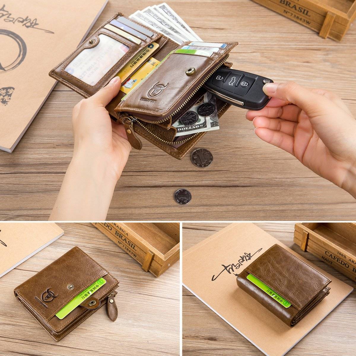 Men Genuine Leather Short Bifold Wallet with Zipper Minimalist Purse Chestnut