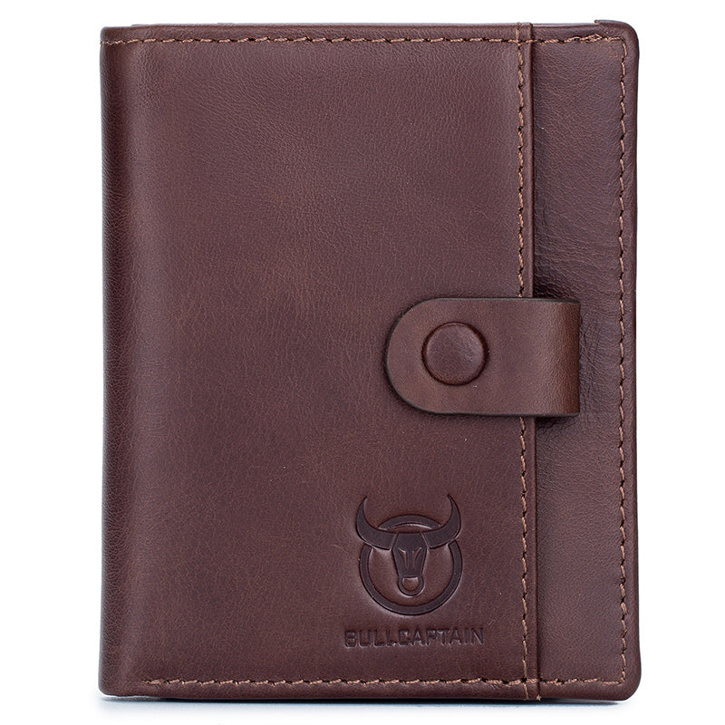 Men Genuine Leather Short Bifold Wallet with Zipper Minimalist Purse Coffee