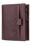 Men Genuine Leather Short Bifold Wallet with Zipper Minimalist Purse Coffee