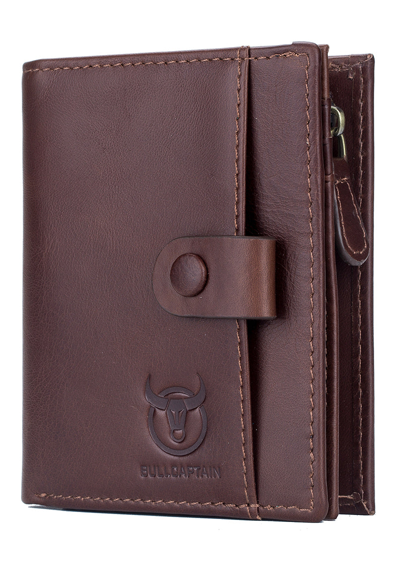 Men Genuine Leather Short Bifold Wallet with Zipper Minimalist Purse Coffee