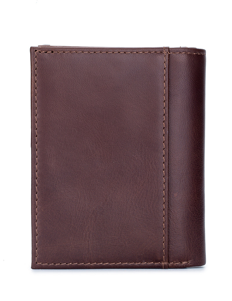 Men Genuine Leather Short Bifold Wallet with Zipper Minimalist Purse Coffee
