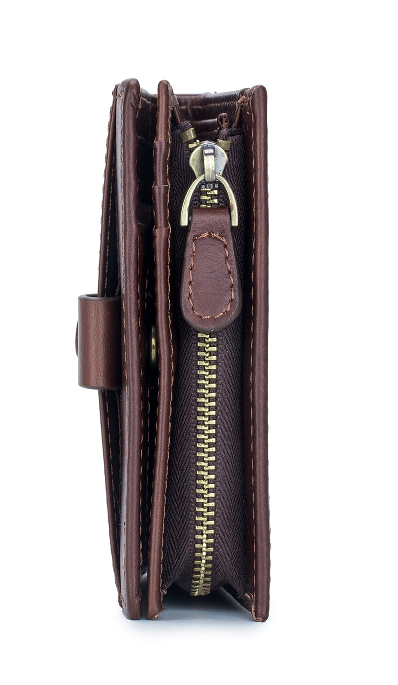 Men Genuine Leather Short Bifold Wallet with Zipper Minimalist Purse Coffee