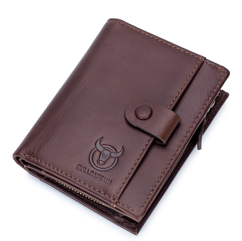 Men Genuine Leather Short Bifold Wallet with Zipper Minimalist Purse Coffee