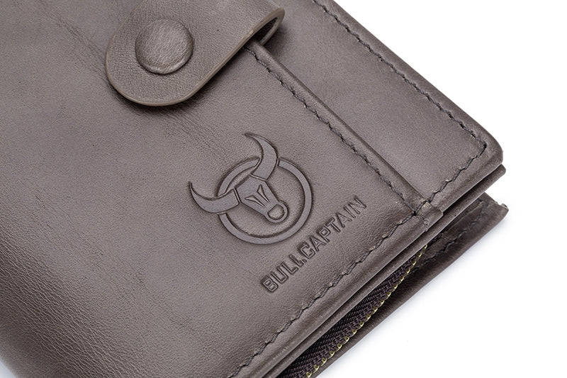 Men Genuine Leather Short Bifold Wallet with Zipper Minimalist Purse Grey