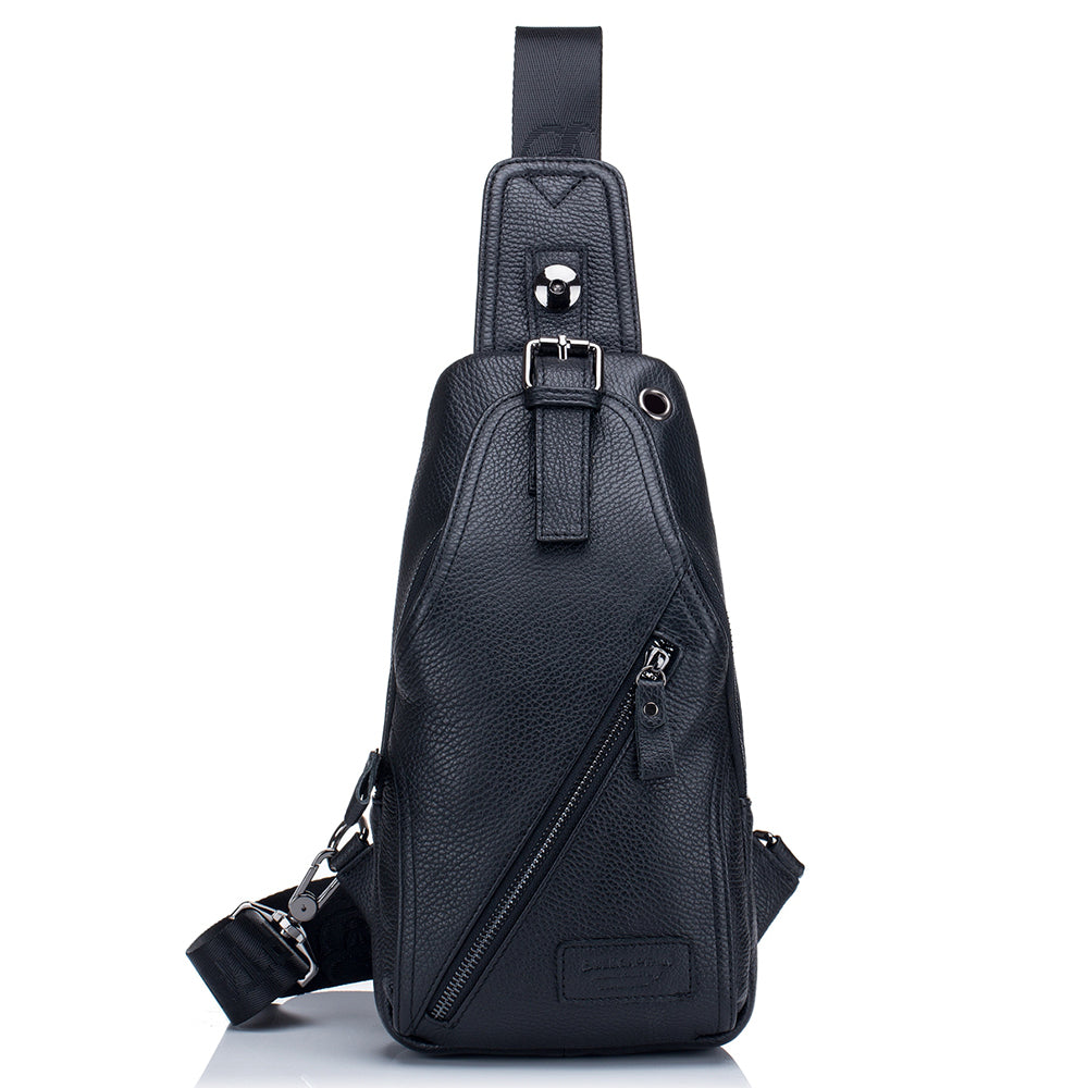 Men Genuine Leather Shoulder Bag Sling Travel Hiking Crossbody Bag Black