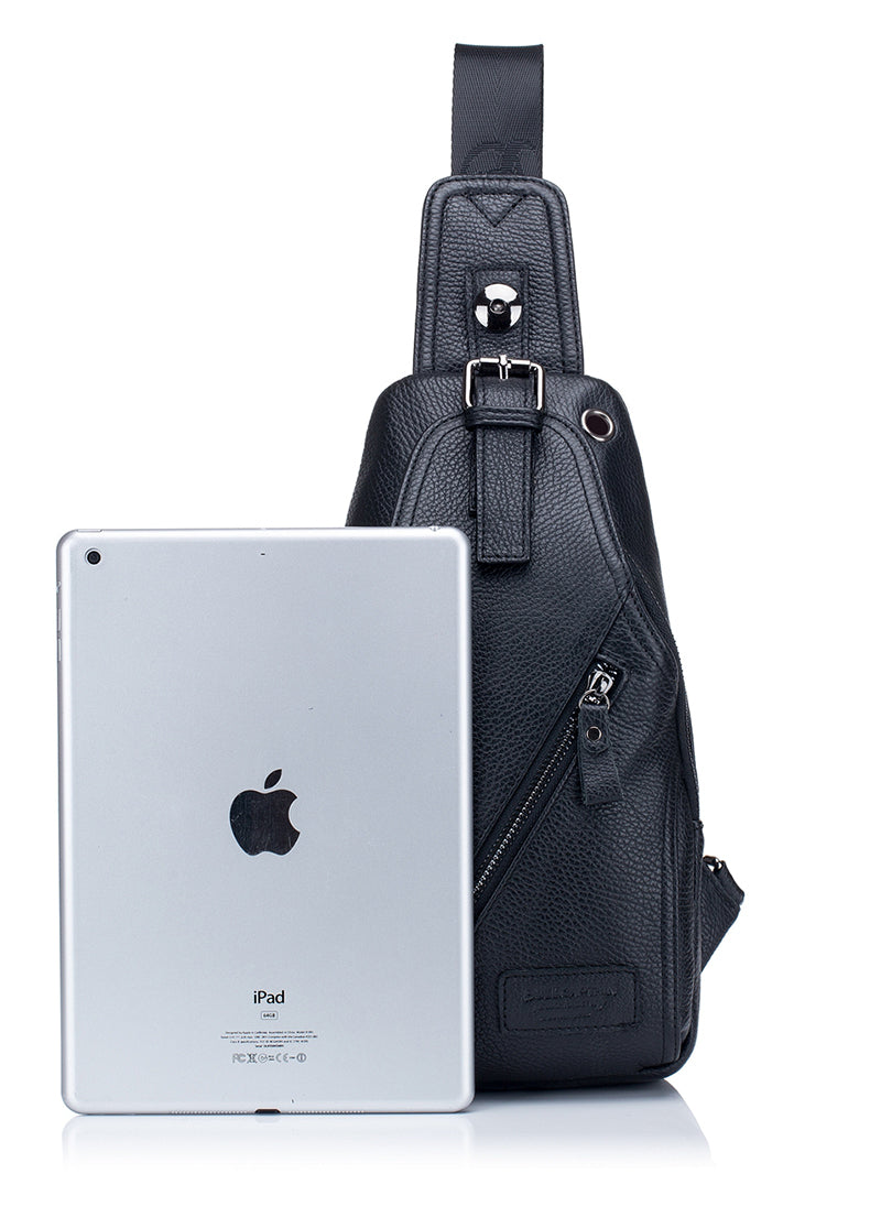 Men Genuine Leather Shoulder Bag Sling Travel Hiking Crossbody Bag Black