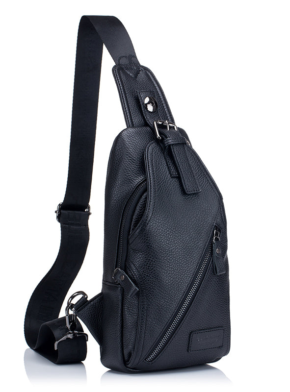 Men Genuine Leather Shoulder Bag Sling Travel Hiking Crossbody Bag Black