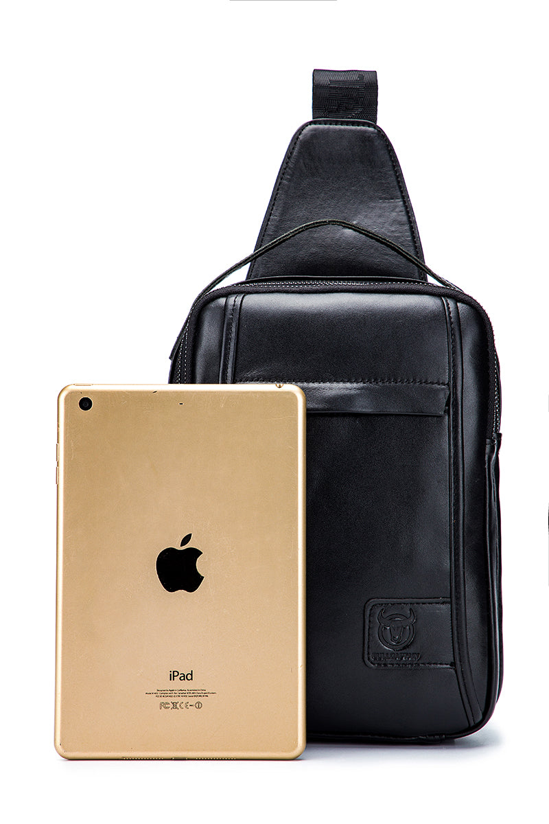 Men Genuine Leather Sling Bag Casual Crossbody Chest Daypack Black