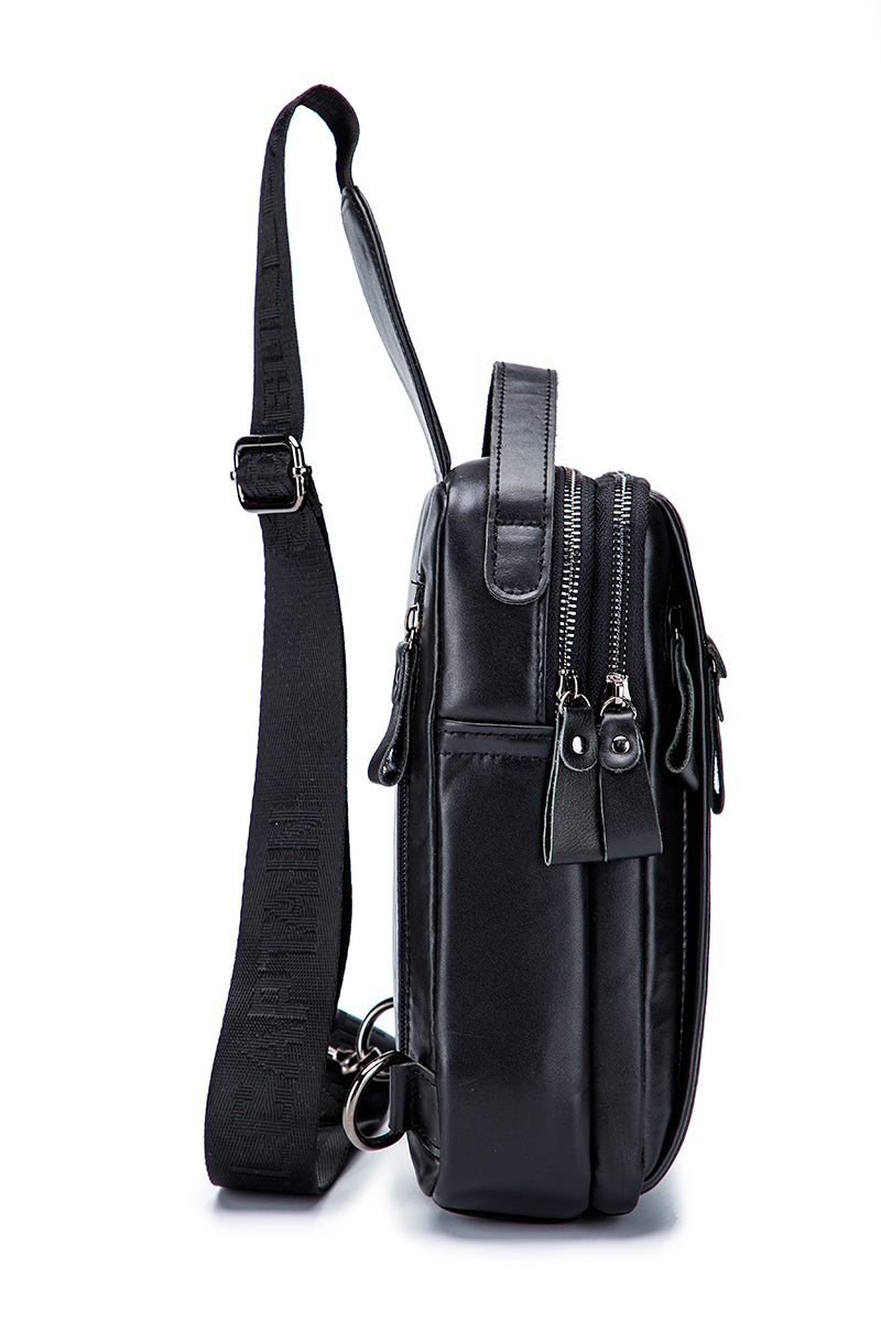 Men Genuine Leather Sling Bag Casual Crossbody Chest Daypack Black
