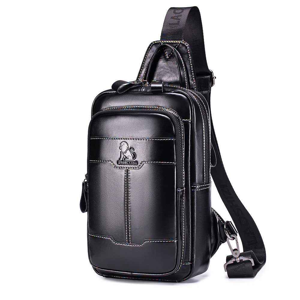 Men's Genuine Leather Sling Bag Chest Crossbody Shoulder Hiking Bags Black