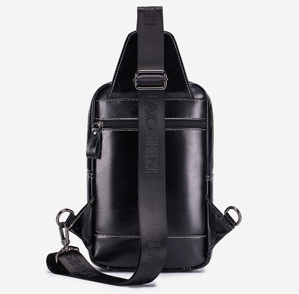 Men's Genuine Leather Sling Bag Chest Crossbody Shoulder Hiking Bags Black
