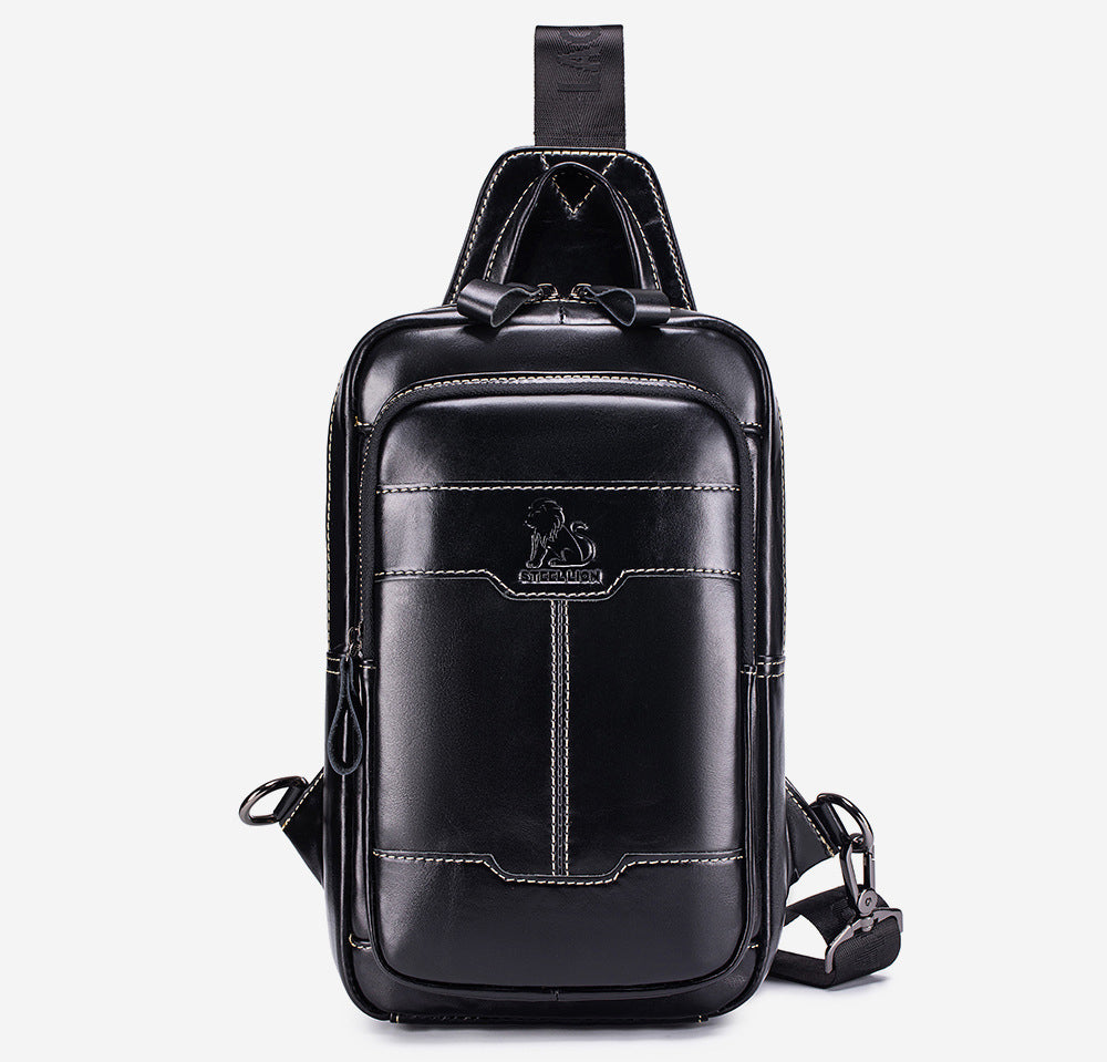 Men's Genuine Leather Sling Bag Chest Crossbody Shoulder Hiking Bags Black