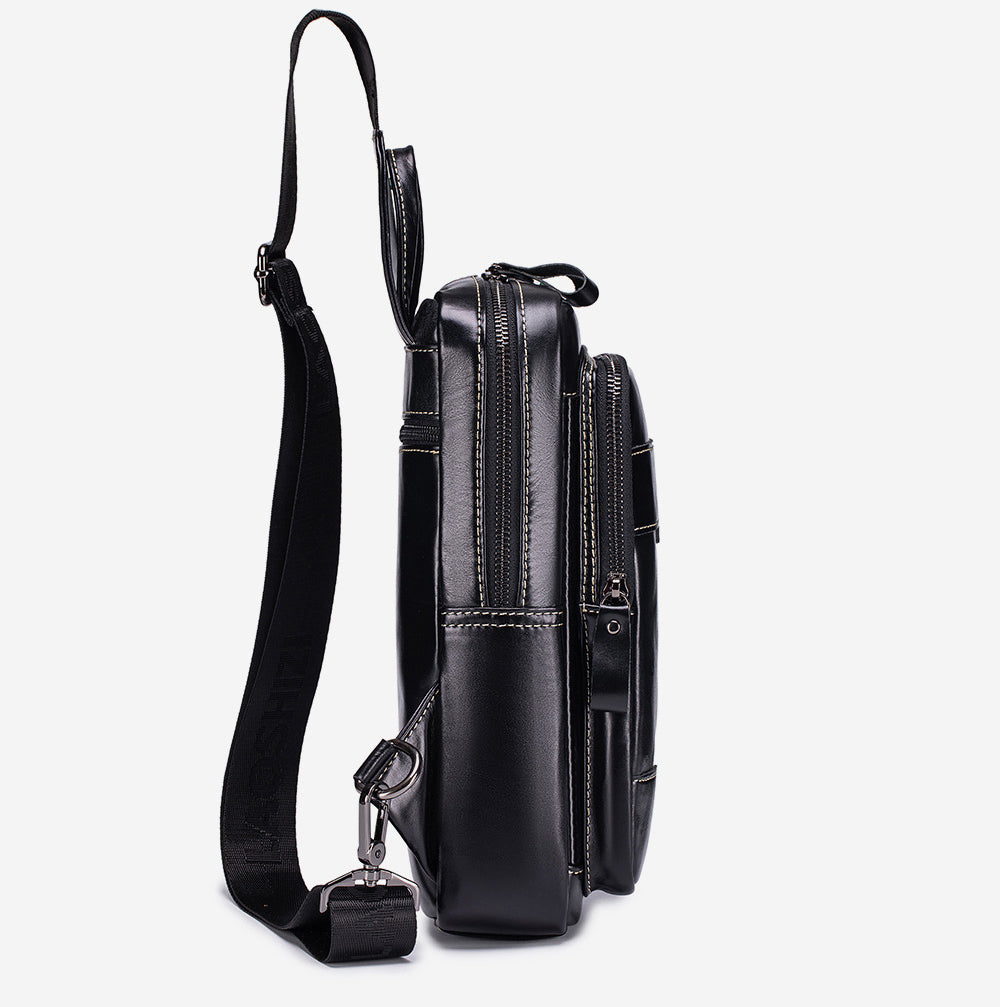Men's Genuine Leather Sling Bag Chest Crossbody Shoulder Hiking Bags Black