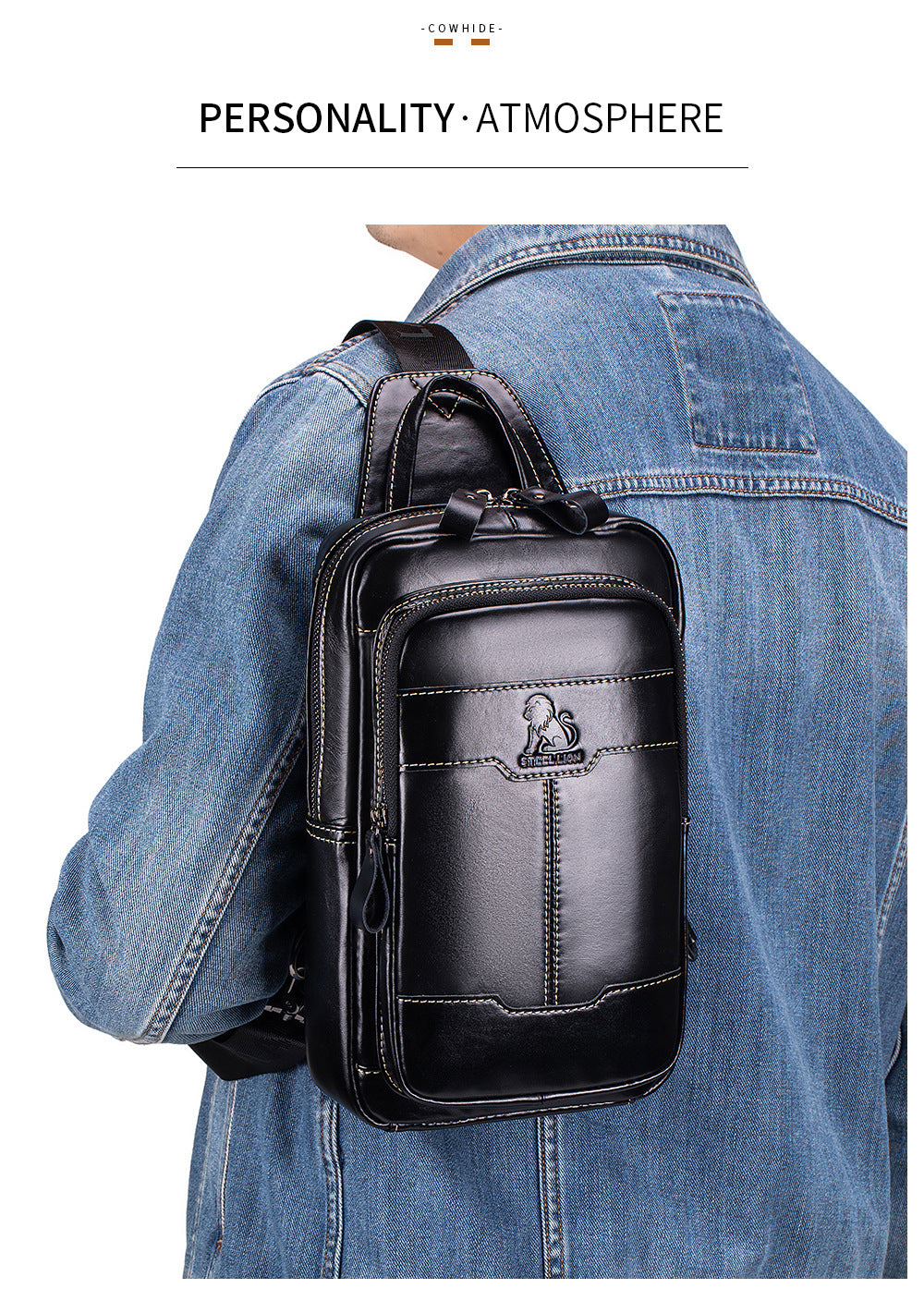 Men's Genuine Leather Sling Bag Chest Crossbody Shoulder Hiking Bags Black