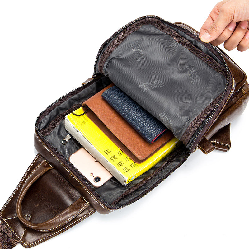 Men's Genuine Leather Sling Bag Chest Crossbody Shoulder Hiking Bags Brown
