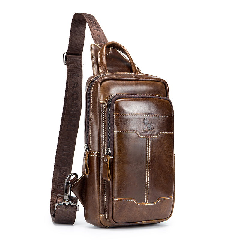 Men's Genuine Leather Sling Bag Chest Crossbody Shoulder Hiking Bags Brown