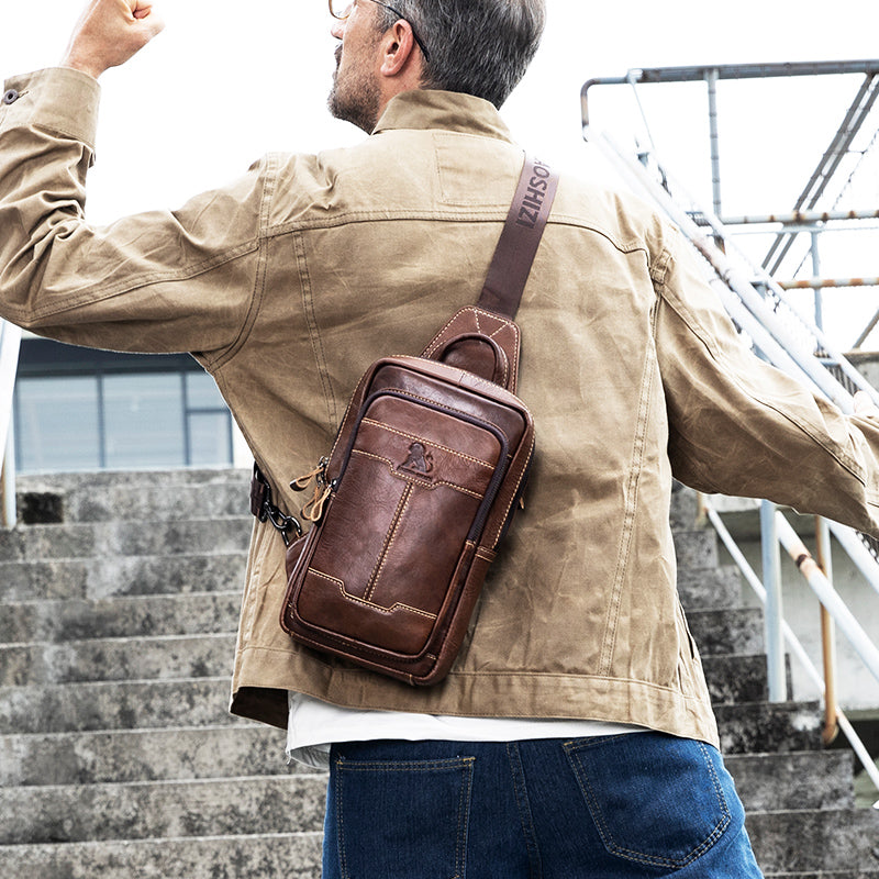 Men's Genuine Leather Sling Bag Chest Crossbody Shoulder Hiking Bags Brown