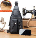 Men Genuine Leather Sling Bag Crossbody Chest Shoulder Backpack Daypack Black