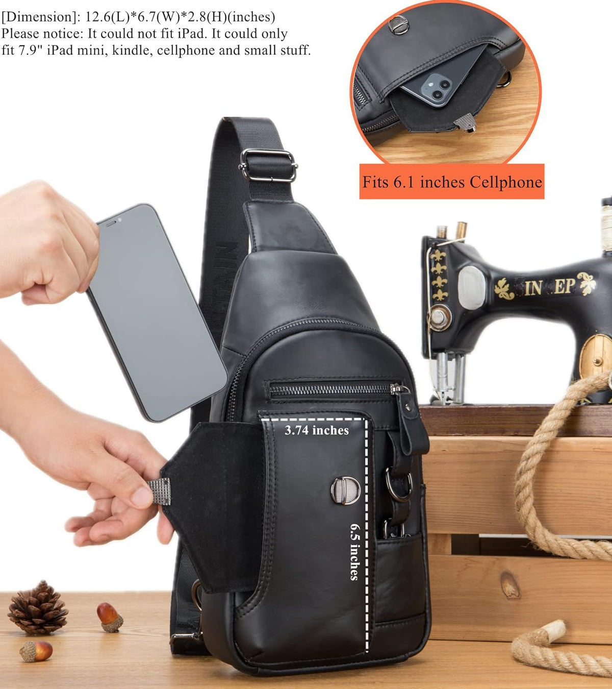 Men Genuine Leather Sling Bag Crossbody Chest Shoulder Backpack Daypack Black