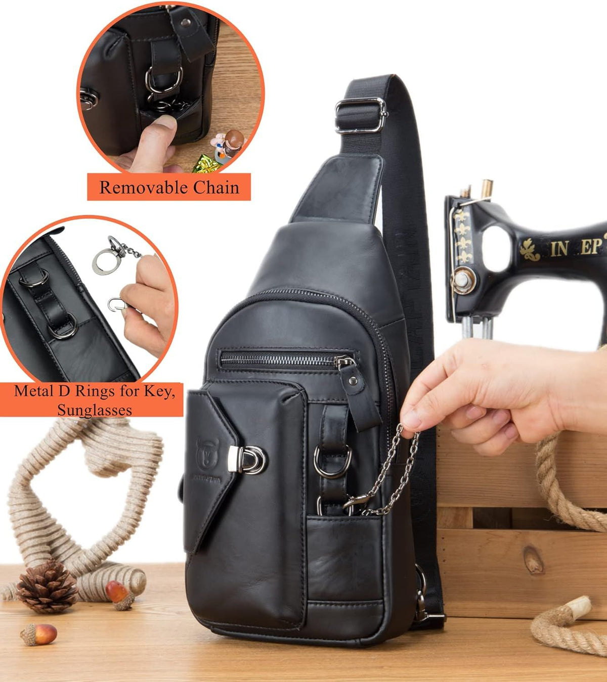 Men Genuine Leather Sling Bag Crossbody Chest Shoulder Backpack Daypack Black