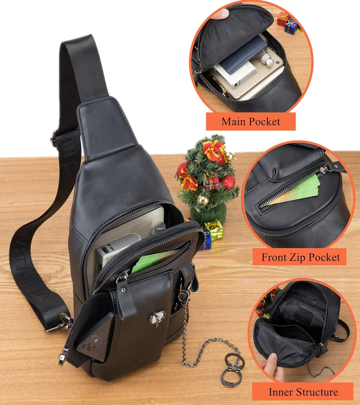 Men Genuine Leather Sling Bag Crossbody Chest Shoulder Backpack Daypack Black