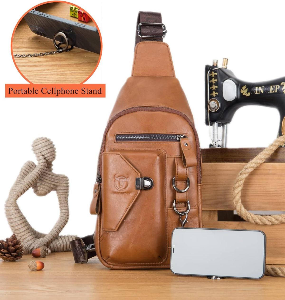 Men Genuine Leather Sling Bag Crossbody Chest Shoulder Backpack Daypack Brown
