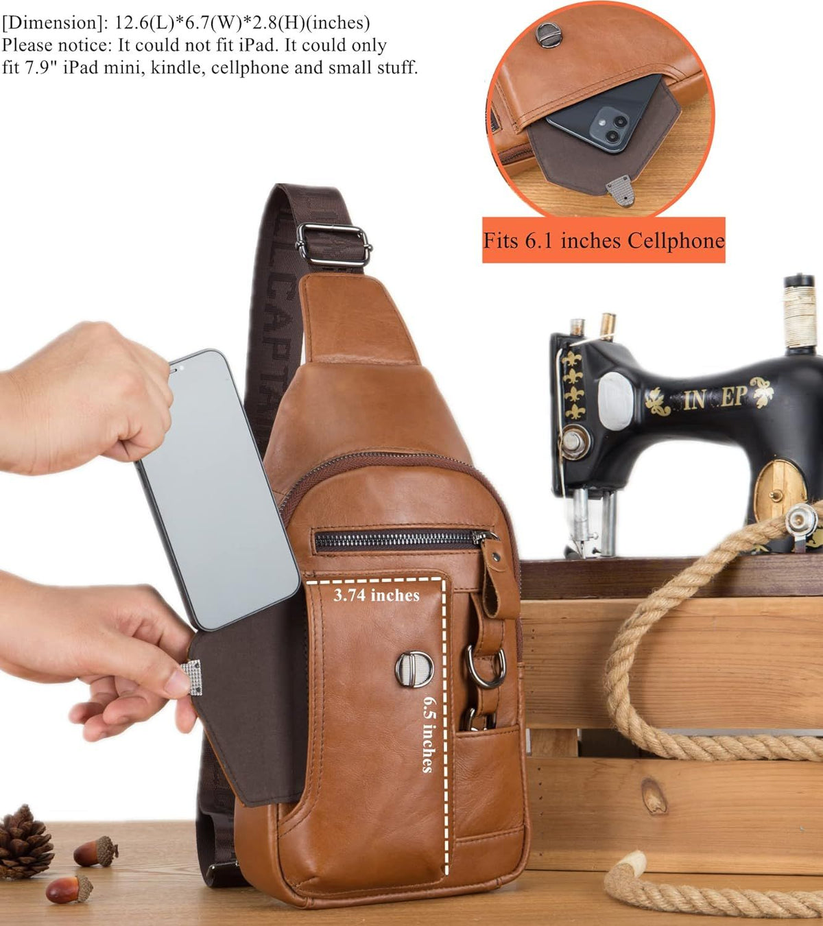 Men Genuine Leather Sling Bag Crossbody Chest Shoulder Backpack Daypack Brown