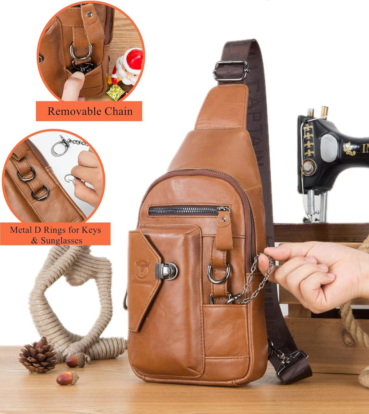 Men Genuine Leather Sling Bag Crossbody Chest Shoulder Backpack Daypack Brown