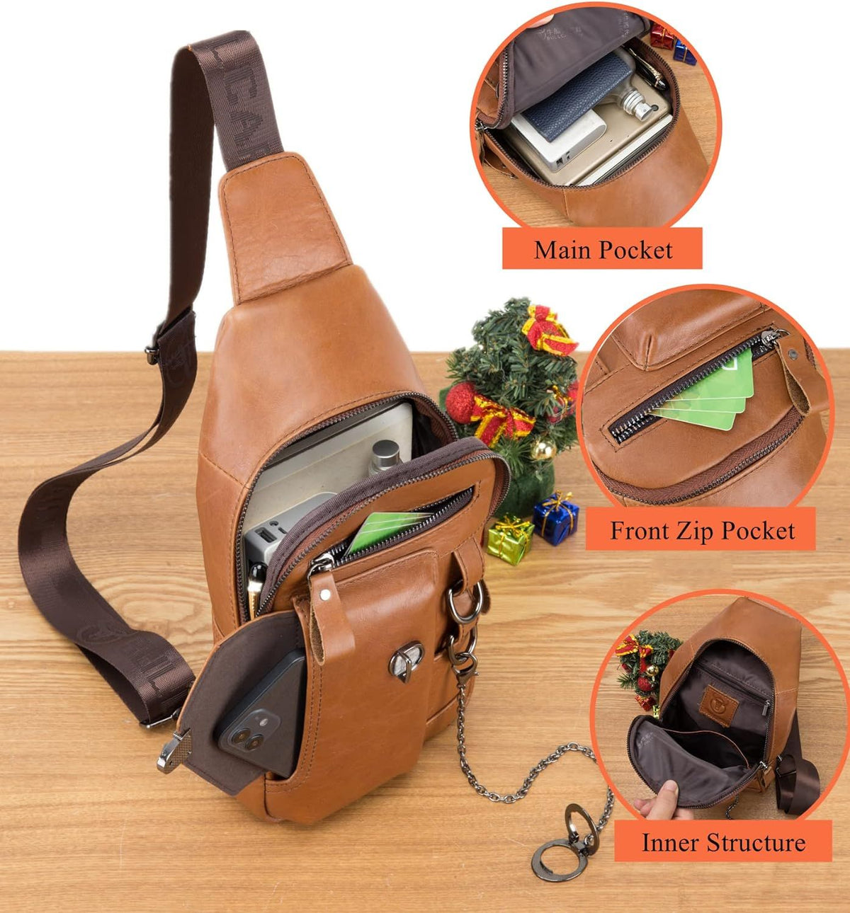 Men Genuine Leather Sling Bag Crossbody Chest Shoulder Backpack Daypack Brown