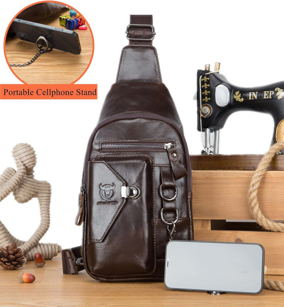 Men Genuine Leather Sling Bag Crossbody Chest Shoulder Backpack Daypack Coffee