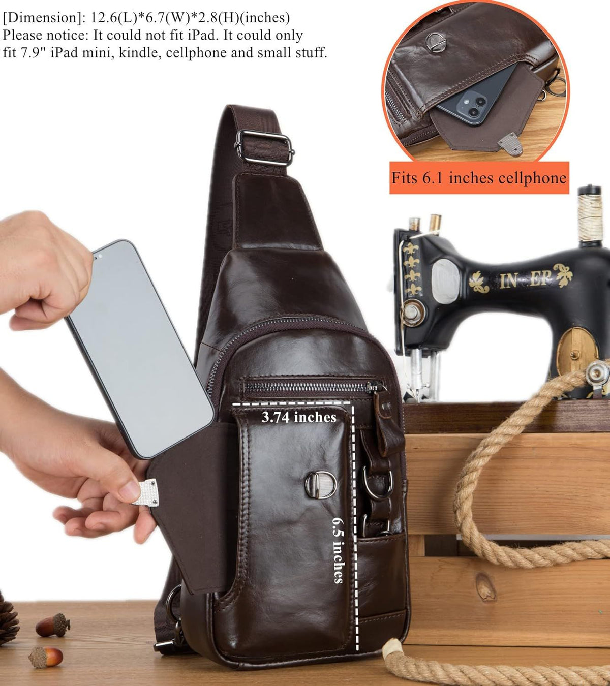 Men Genuine Leather Sling Bag Crossbody Chest Shoulder Backpack Daypack Coffee