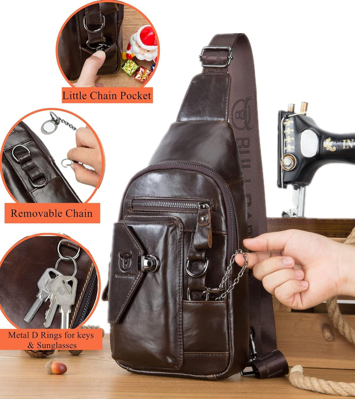 Men Genuine Leather Sling Bag Crossbody Chest Shoulder Backpack Daypack Coffee
