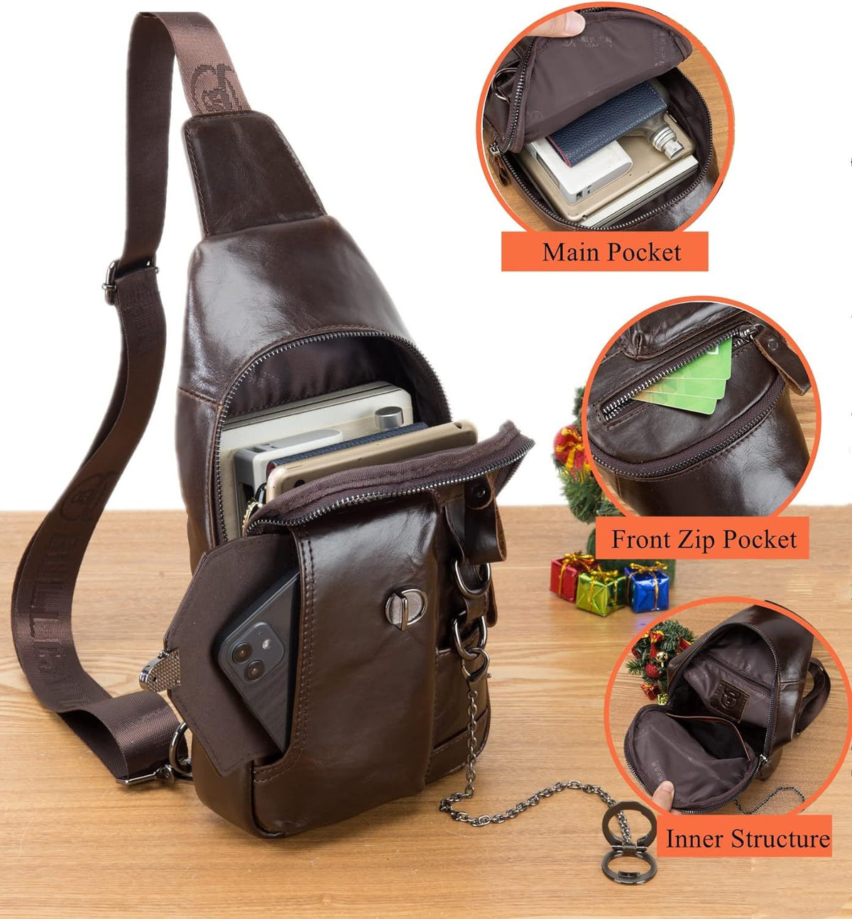 Men Genuine Leather Sling Bag Crossbody Chest Shoulder Backpack Daypack Coffee