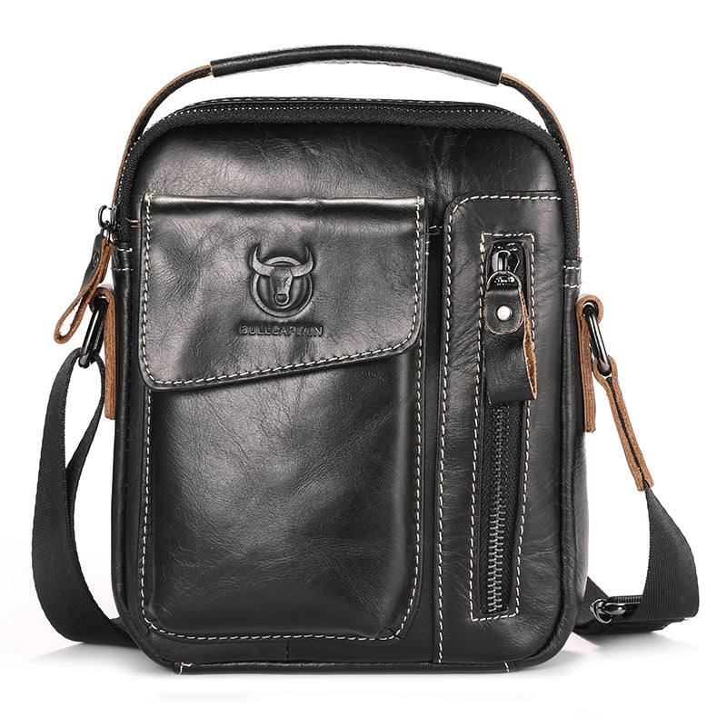 Men Genuine Leather Sling Bag Small Shoulder Crossbody Messenger Handbag Black