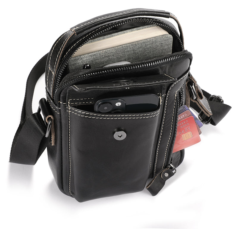 Men Genuine Leather Sling Bag Small Shoulder Crossbody Messenger Handbag Black