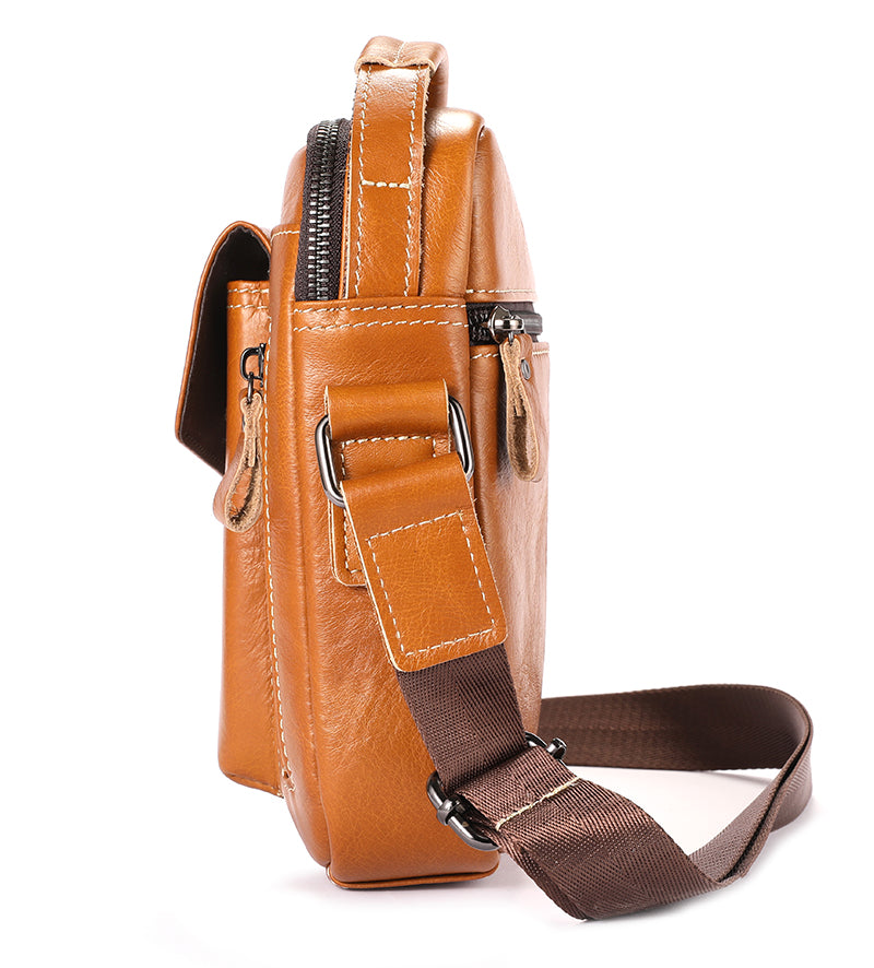 Men Genuine Leather Sling Bag Small Shoulder Crossbody Messenger Handbag Brown