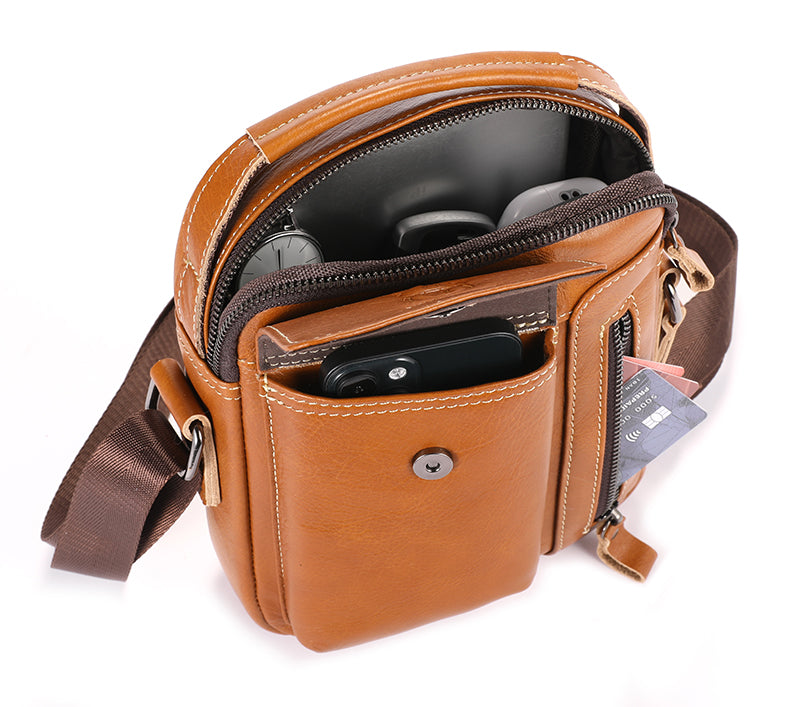Men Genuine Leather Sling Bag Small Shoulder Crossbody Messenger Handbag Brown