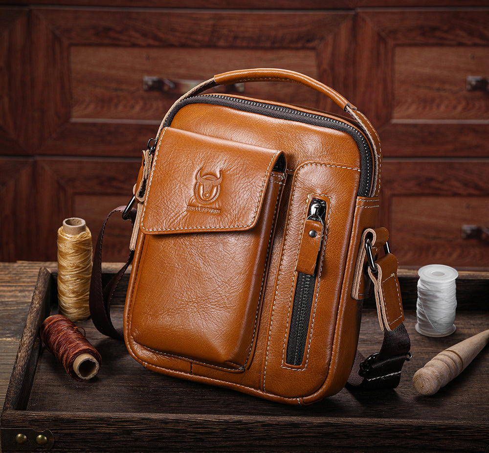 Men Genuine Leather Sling Bag Small Shoulder Crossbody Messenger Handbag Brown