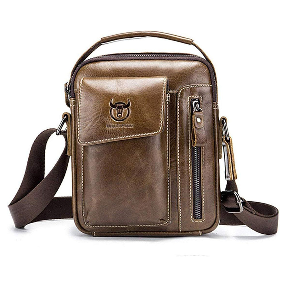 Men Genuine Leather Sling Bag Small Shoulder Crossbody Messenger Handbag Chestnut