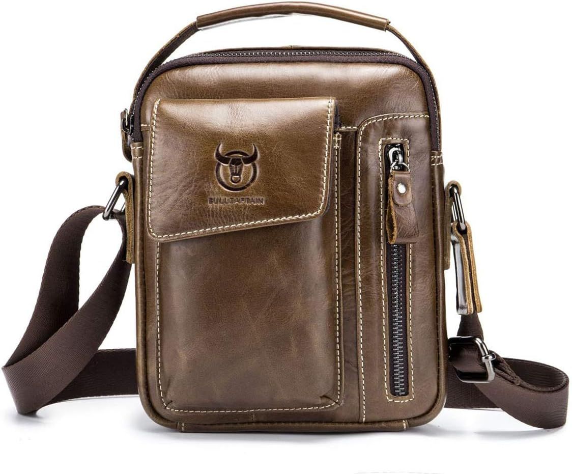 Men Genuine Leather Sling Bag Small Shoulder Crossbody Messenger Handbag Chestnut