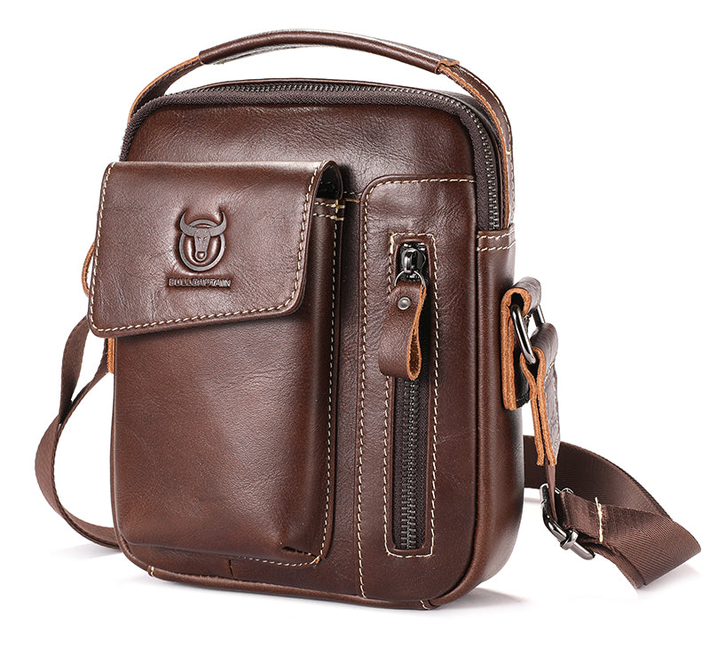 Men Genuine Leather Sling Bag Small Shoulder Crossbody Messenger Handbag Coffee