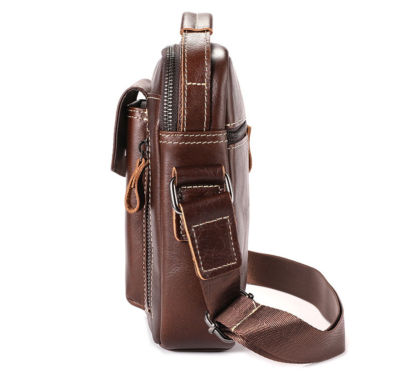 Men Genuine Leather Sling Bag Small Shoulder Crossbody Messenger Handbag Coffee