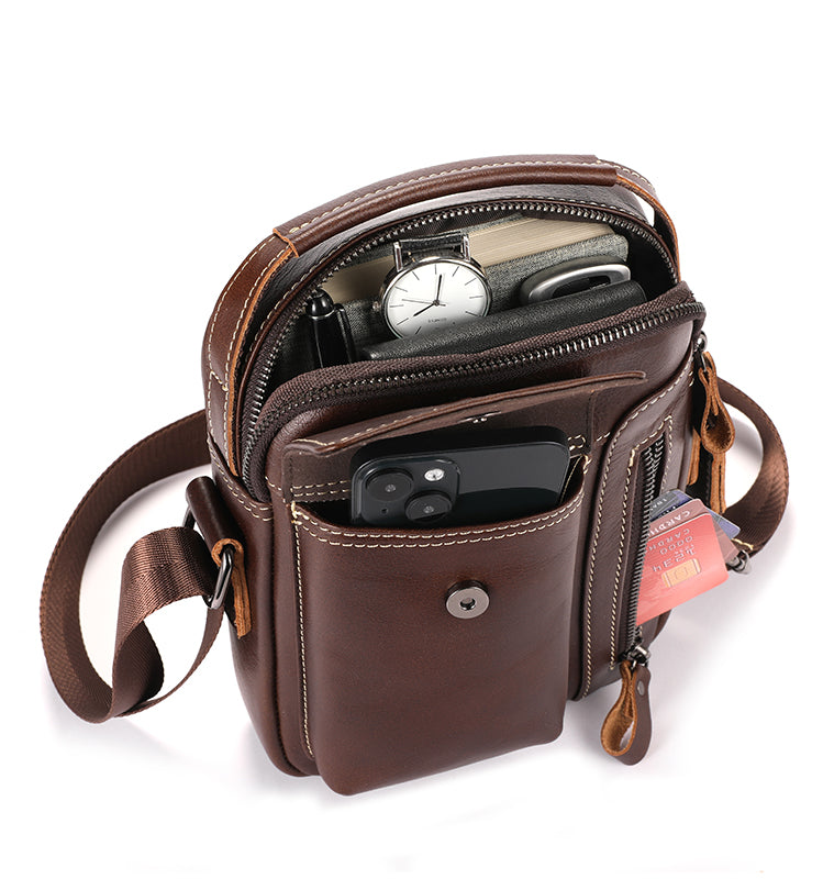 Men Genuine Leather Sling Bag Small Shoulder Crossbody Messenger Handbag Coffee