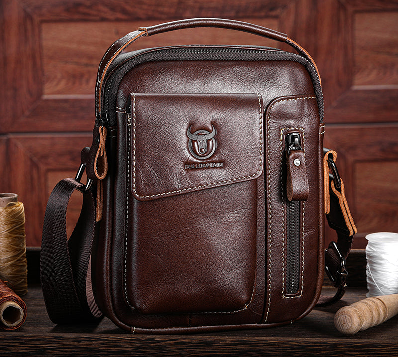 Men Genuine Leather Sling Bag Small Shoulder Crossbody Messenger Handbag Coffee