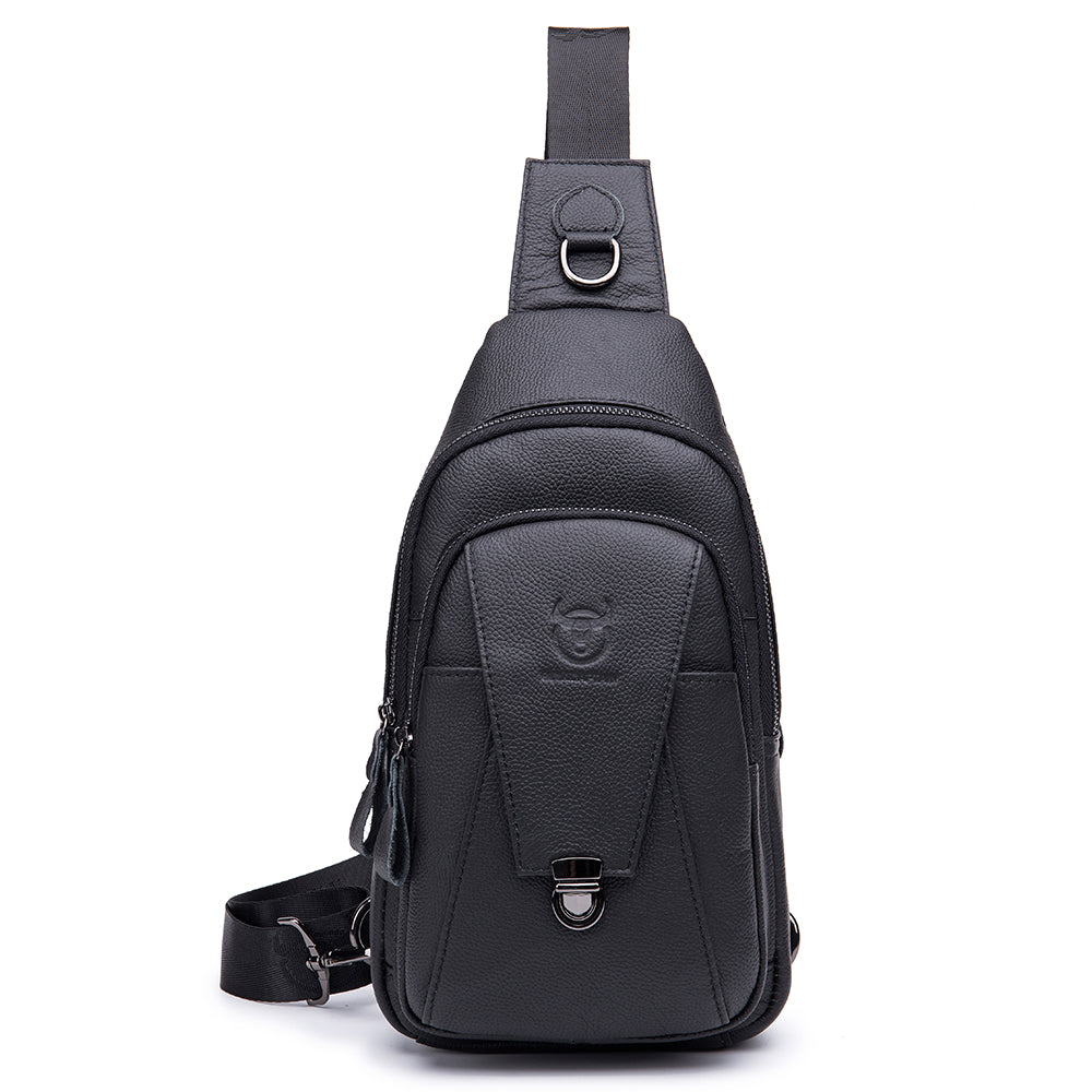 Men Genuine Leather Sling Crossbody Bag Backpack Chest Bag Daypack Black