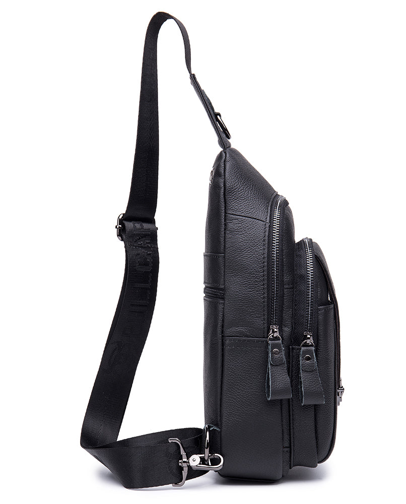 Men Genuine Leather Sling Crossbody Bag Backpack Chest Bag Daypack Black