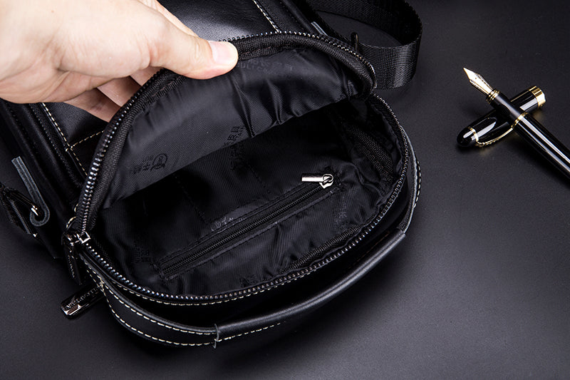 Men Genuine Leather Small Shoulder Crossbody Bag Fashion Casual Handbag Black
