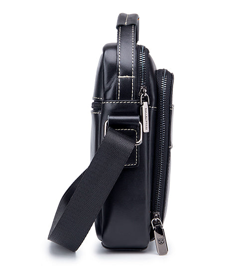 Men Genuine Leather Small Shoulder Crossbody Bag Fashion Casual Handbag Black