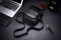 Men Genuine Leather Small Shoulder Crossbody Bag Fashion Casual Handbag Black