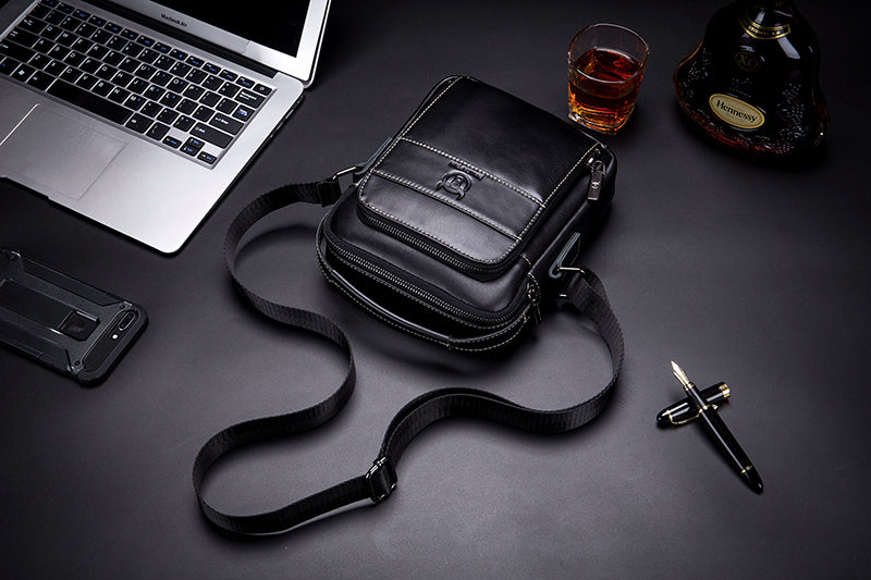 Men Genuine Leather Small Shoulder Crossbody Bag Fashion Casual Handbag Black